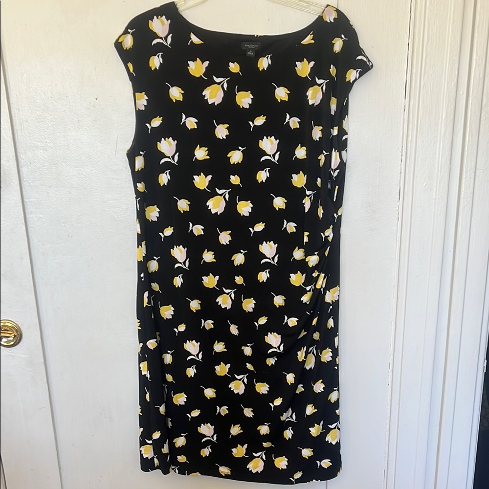 Ann Taylor Black and Yellow Floral Sheath Dress with Flutter Cap Sleeves